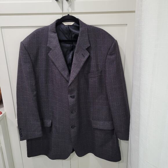 Pronto-Uomo Suit Jacket Blazer Silk Wool Gray Plaid Italy Lined Size 54 Long